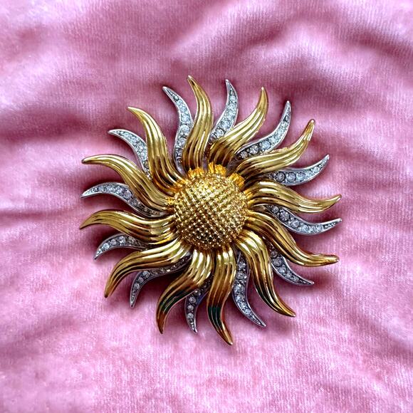Kenneth Jay Lane KJL Gold and Silver Tone Rhinestone Kinetic Sunflower Brooch - Picture 2 of 11